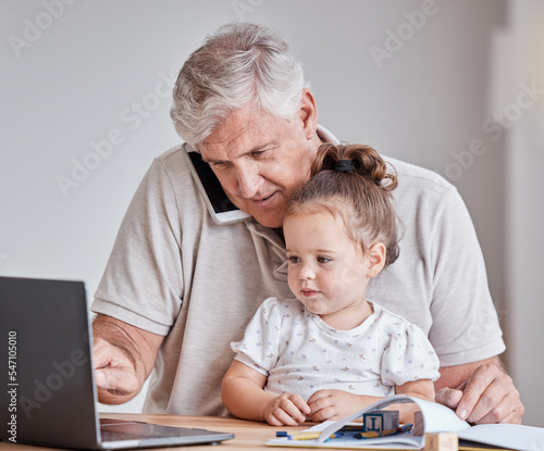 Принти на полотні Senior man, child and phone call while working on laptop for remote work with grandfather babysitting girl in home office