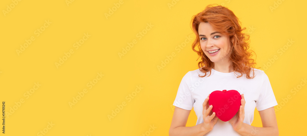 happy valentines day. be my valentine. lady on yellow background. love present. Woman isolated face portrait, banner with copy space. happy valentines day. be my valentine. lady on yellow background. love present. Woman isolated face portrait, banner with copy space.