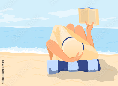 Woman with open paper book. Happy girl reading on the beach. Sexy and elegant lady on the  seashore. Seaside vacation. Flat vector illustration 