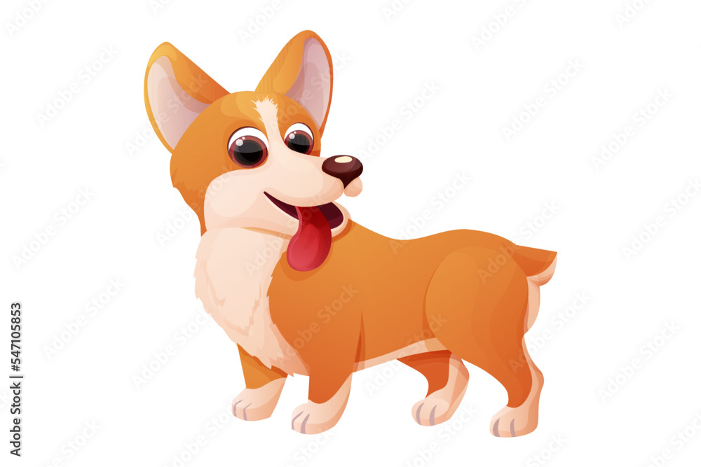 Cute corgi dog standing, adorable pet in cartoon style isolated on white background. Comic emotional character, funny pose Cute corgi dog standing, adorable pet in cartoon style isolated on white background. Comic emotional character, funny pose