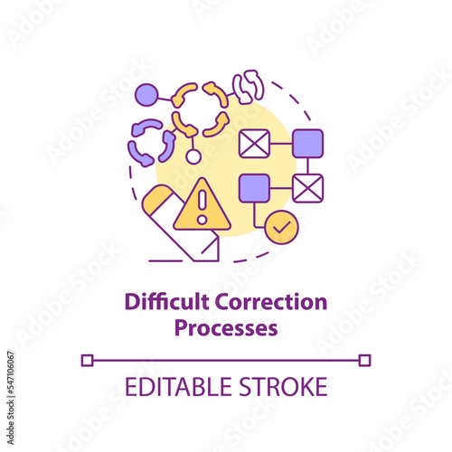 Difficult correction processes concept icon. Fixing incorrect data system. Quality abstract idea thin line illustration. Isolated outline drawing. Editable stroke. Arial, Myriad Pro-Bold fonts used