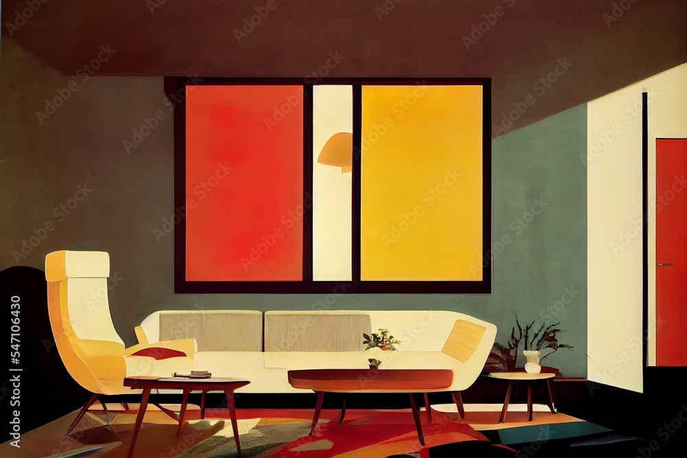Mid-century modern style living room interior illustration Stock ...