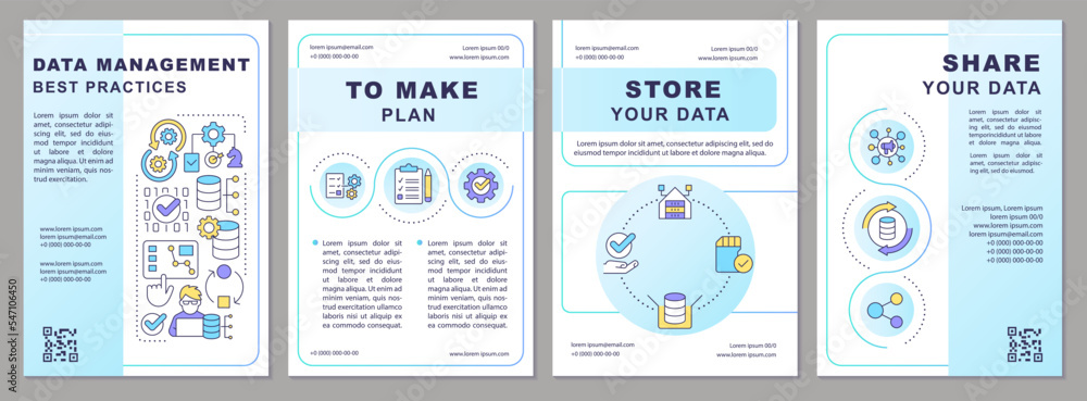 Data governance best practices blue brochure template. Leaflet design with linear icons. Editable 4 vector layouts for presentation, annual reports. Arial, Myriad Pro-Regular fonts used