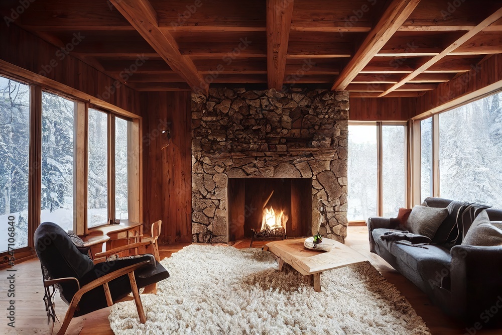 Fototapeta premium Cozy wooden chalet style living room interior design illustration 