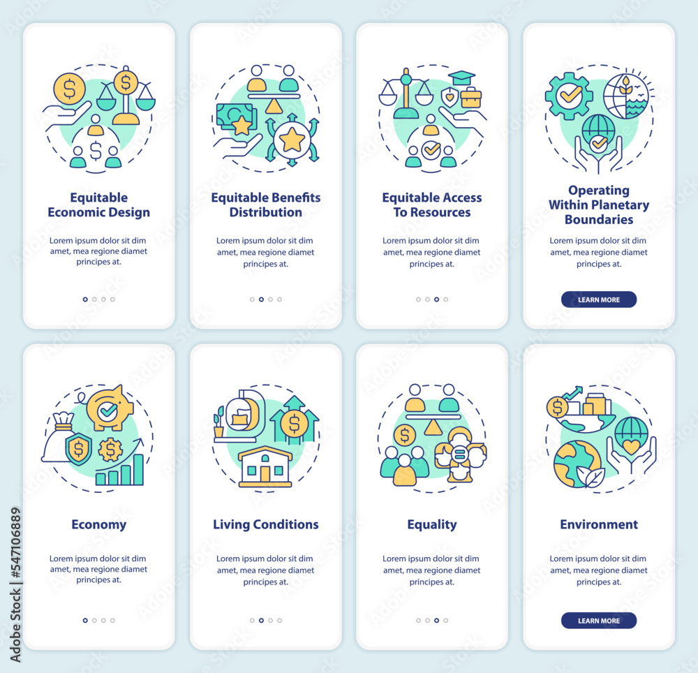Inclusive economy attributes onboarding mobile app screen set. Walkthrough 4 steps editable graphic instructions with linear concepts. UI, UX, GUI template. Myriad Pro-Bold, Regular fonts used
