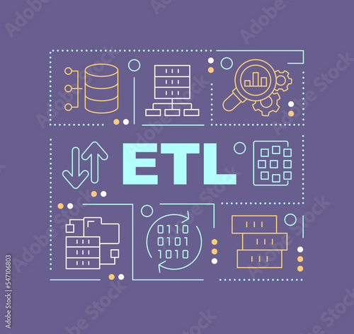 ETL word concepts violet banner. Database process. Information storage. Infographics with editable icons on color background. Isolated typography. Vector illustration with text. Arial-Black font used