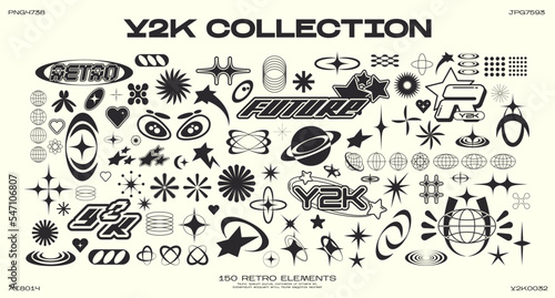 Retro futuristic elements for design. Collection of abstract graphic geometric symbols and objects in y2k style. Templates for pomters, banners, stickers, business cards photo