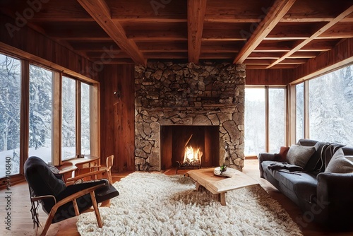 Cozy wooden chalet style living room interior design illustration  photo