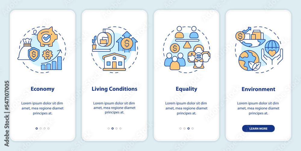 Pillars of inclusive growth index onboarding mobile app screen. Walkthrough 4 steps editable graphic instructions with linear concepts. UI, UX, GUI template. Myriad Pro-Bold, Regular fonts used