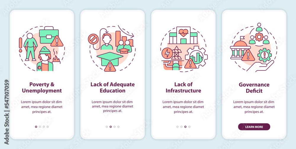 Challenges for inclusive growth onboarding mobile app screen. Walkthrough 4 steps editable graphic instructions with linear concepts. UI, UX, GUI template. Myriad Pro-Bold, Regular fonts used