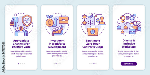 Fair working practices onboarding mobile app screen. Inclusive growth walkthrough 4 steps editable graphic instructions with linear concepts. UI, UX, GUI template. Myriad Pro-Bold, Regular fonts used