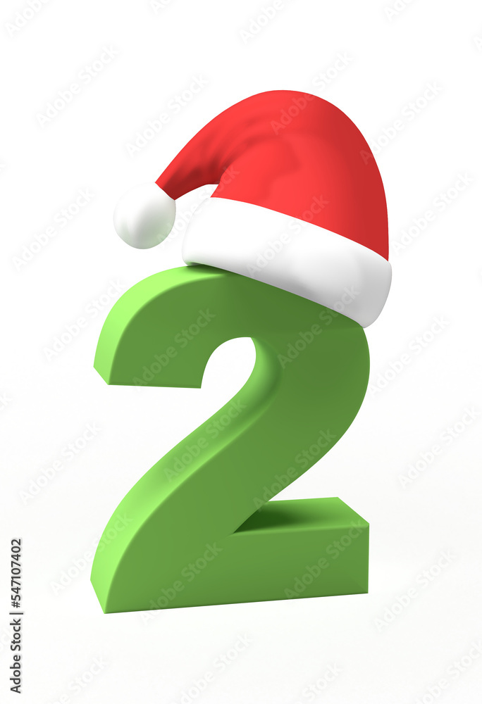 Green christmas number 2 with santa claus hat on an isolated background. Banner idea for your business. Green christmas number 2 with santa claus hat on an isolated background. Banner idea for your business.