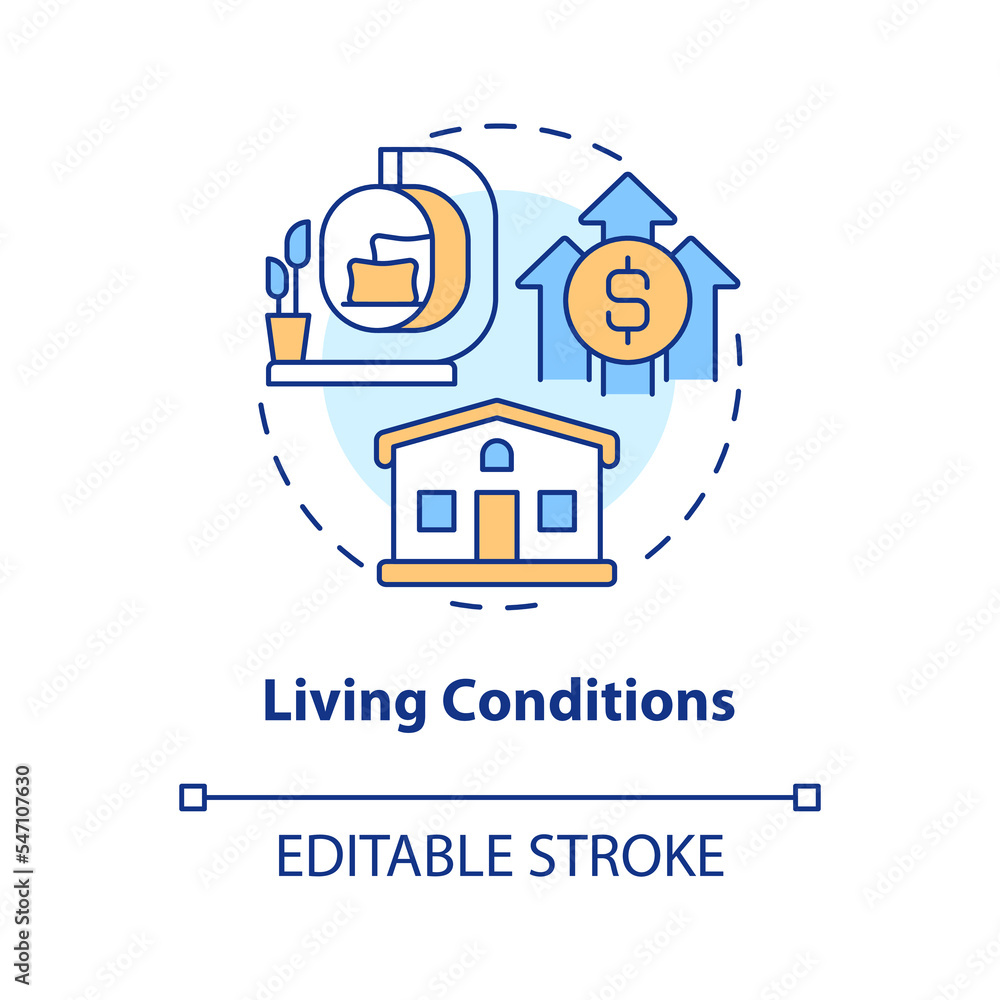Living conditions concept icon. Wealth level. Pillar of inclusive development index abstract idea thin line illustration. Isolated outline drawing. Editable stroke. Arial, Myriad Pro-Bold fonts used