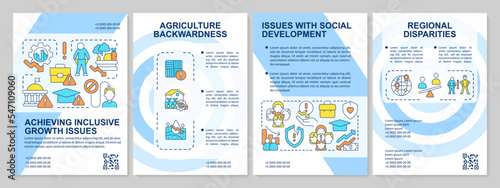 Challenges of inclusive development blue brochure template. Leaflet design with linear icons. Editable 4 vector layouts for presentation, annual reports. Arial, Myriad Pro-Regular fonts used