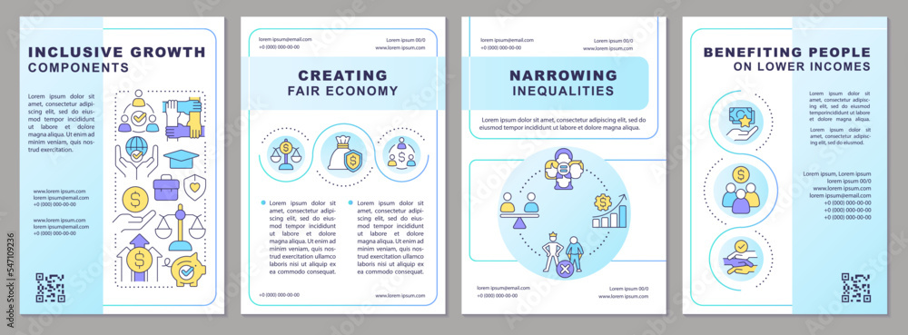 How to achieve inclusive growth brochure template. Social equality. Leaflet design with linear icons. Editable 4 vector layouts for presentation, annual reports. Arial, Myriad Pro-Regular fonts used