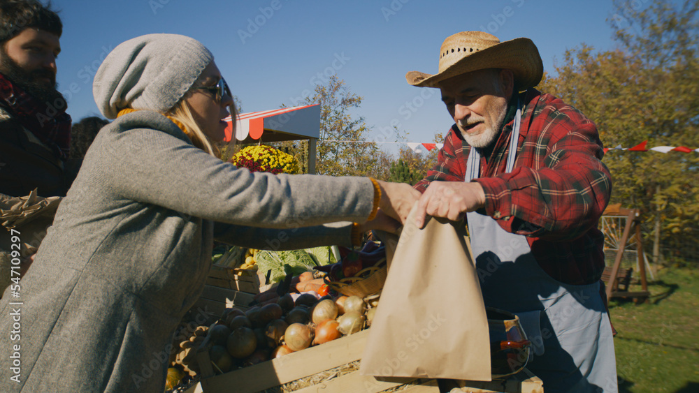 People shopping, choosing fruits and vegetables at local farmers market, packing goods in eco bags. Autumn fair on weekend outdoors. Vegetarian and organic food. Agriculture. Points of sale system.