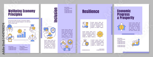 Wellbeing economy policy purple brochure template. Inclusive growth. Leaflet design with linear icons. Editable 4 vector layouts for presentation, annual reports. Anton, Lato-Regular fonts used