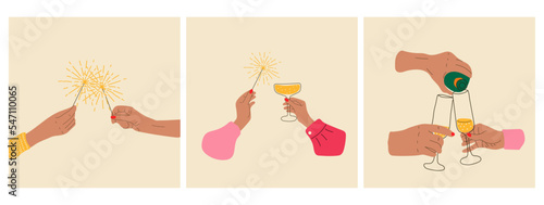 Set of three Celebration of the new year. Hands hold champagne and sparklers	