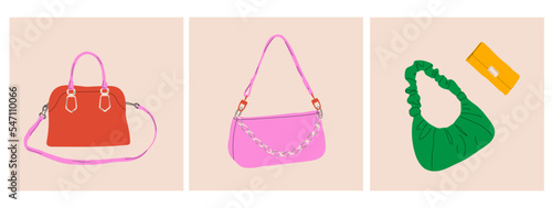 Set of three  various colorful female bags. Fashionable leather accessories. Hand drawn trendy Vector illustration. Isolated elements