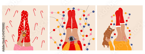 Set of three Top view of female legs in Christmas socks, with a garland, a cup of coffee,  Christmas cookies and Christmas candy, and with corgi dog