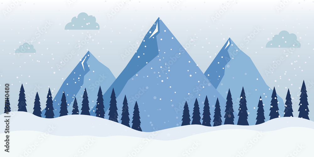 Snowscape nature scene icon. Winter landscape with mountains and snowfall. Vector illustration