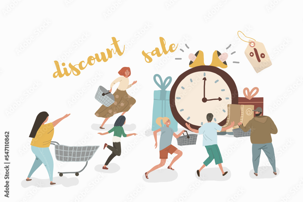 Concept people rushing to the sale, vector. Characters cartoons of people with baskets and carts against the background of huge clocks, loudspeakers and goods.Cartoon character happy shopper. Concept people rushing to the sale, vector. Characters cartoons of people with baskets and carts against the background of huge clocks, loudspeakers and goods.Cartoon character happy shopper.