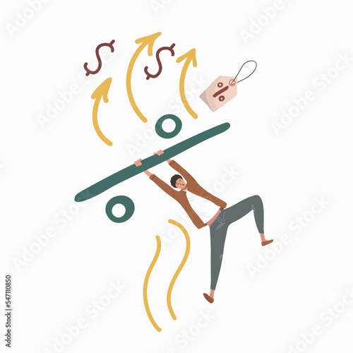 Cartoon character man clings to discounts that fly up. Clothing sale, consumerism concept. Clothing store, clothing retail.
