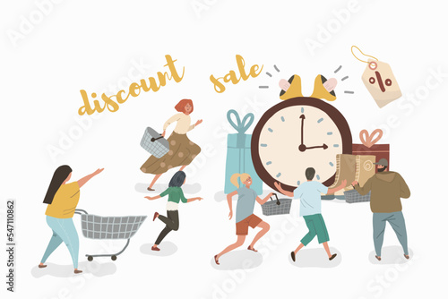 Concept people rushing to the sale, vector. Characters cartoons of people with baskets and carts against the background of huge clocks, loudspeakers and goods.Cartoon character happy shopper. 