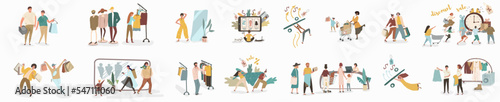 Shopping flat vector illustration set. Happy shoppers, satisfied with purchases, rushing to discounts, trying on clothes. Friendly sellers cartoon characters. Consumerism, sale of clothes.