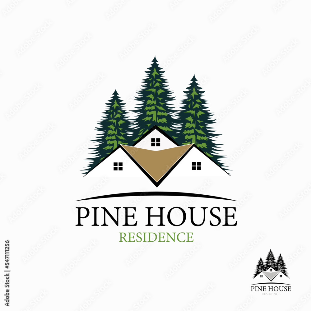 Pine Residence House Vector Logo Design template of pine trees and house made of simple strokes. it is good for symbolizing property or real estate business.