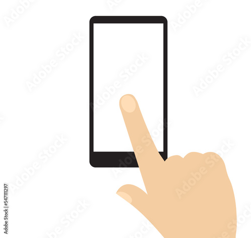 Finger touching smartphone screen. Hand holding smartphone with white screen.