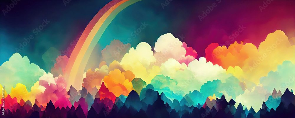 Magical colorful dream panorama with rainbow