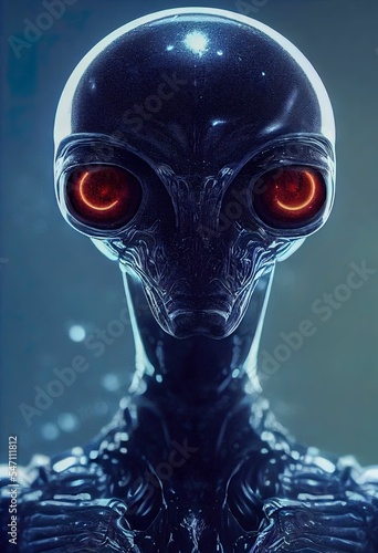 Creepy alien invader against a gradient background. The concept of an alien from an alien planet