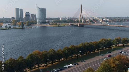 Vansu bridge in Riga with skyscrapers in background, aerial drone view photo