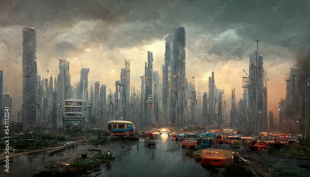 Fototapeta premium Fantasy science fiction city. Digital painting. Fictional abstract realm. Futuristic concept art, colorful artistic landscape