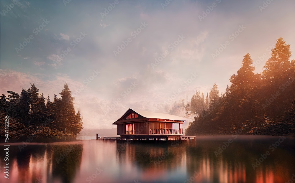 Fototapeta premium Solitary house floating on the lake surrounded by lush forest in autumn, 3d illustration