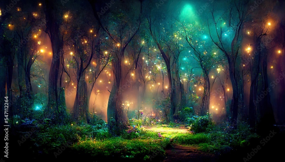 Mystical magical forest at night with glowing lights - obrazy, fototapety, plakaty 