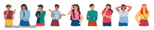 Men and women in doubt and thoughts. Confused thoughtful people worry with a serious expression on their face. Indeterminate characters. Vector illustration flat isolated white background