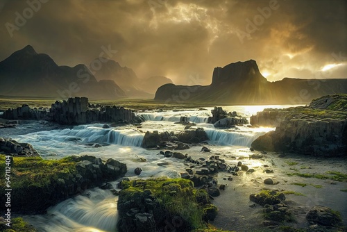 Mountain landscape with waterfalls at sunset © DNY3D