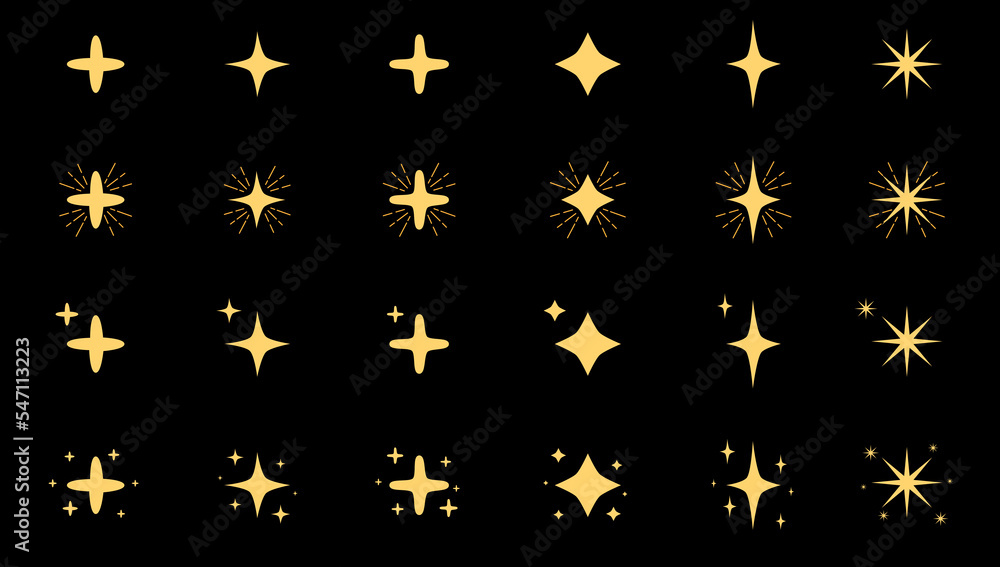 Set of sparkling stars icon collection on black background Set of sparkling stars icon collection on black background