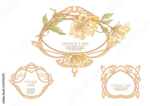 Decorative flowers and leaves in art nouveau style, vintage, old, retro style. Border, frame, template for product label, cosmetic packaging. Easy to edit. Vector illustration.