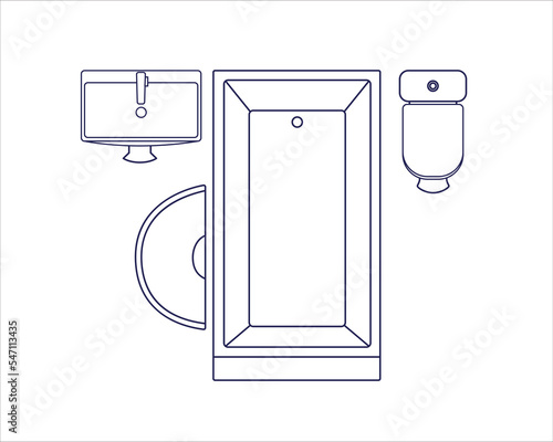 Bathroom interior top view. Overhead bath tub, flush toilet, washbasin in sanitary room. Outlined washroom with bathtub, floor plan layout. Flat vector illustration isolated on white background