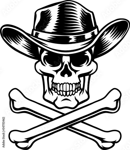 A cowboy grim reaper skull wearing a country or western style hat with pirate cross bones