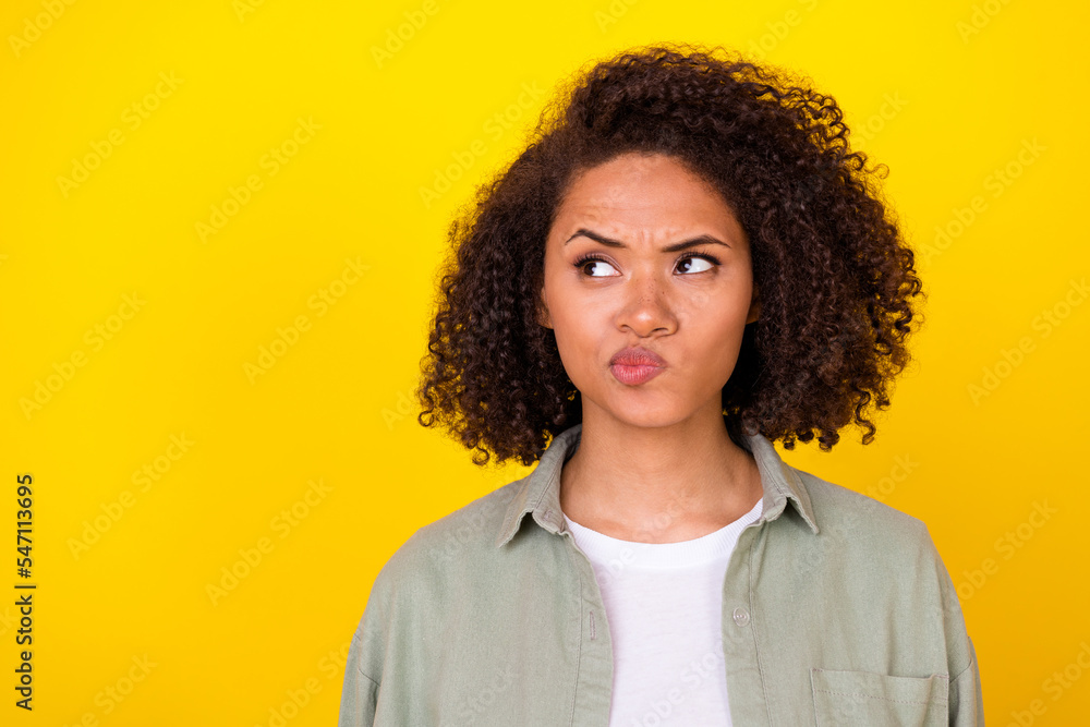 Portrait of unsure lady worker marketer look up try remember important information isolated shine color background Portrait of unsure lady worker marketer look up try remember important information isolated shine color background