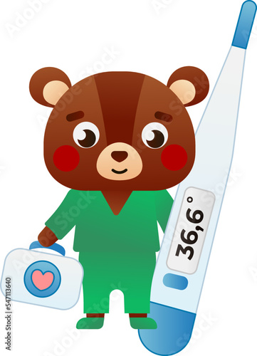 Cute bear doctor holding thermometer, pediatrician illustration for kids, health and animal medicine theme