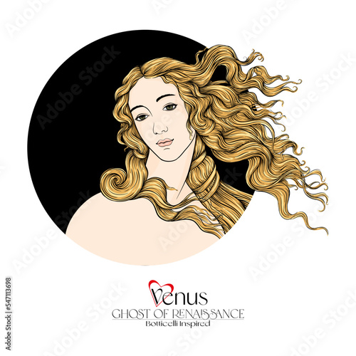 Portrait of a woman inspired by a painting by Renaissance artist Botticelli Birth of Venus. Outline hand drawing vector illustration.