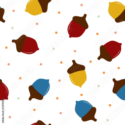 Colorful autumn acorn pattern. Fall seamless pattern pastel and bright colors. Thanksgiving Day. For wrapping paper, textile, wallpapers. Isolated on white background. Vector illustration.