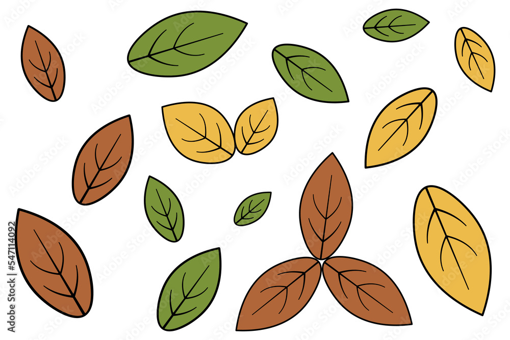 Autumn leaves. Part of a tree with veins. Leaves for herbarium oval. Set of color vector illustrations. Isolated background. Cartoon style. Idea for web design. Autumn leaves. Part of a tree with veins. Leaves for herbarium oval. Set of color vector illustrations. Isolated background. Cartoon style. Idea for web design.