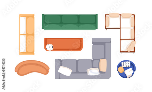 Modern sofas top view. Corner and straight couches, armchair designs set. Liv...