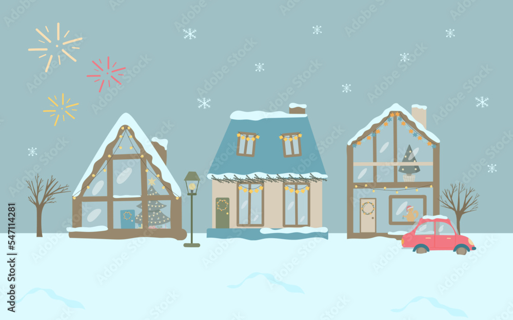 Fototapeta premium Christmas cityscape. houses, trees, car, lantern, fireworks
